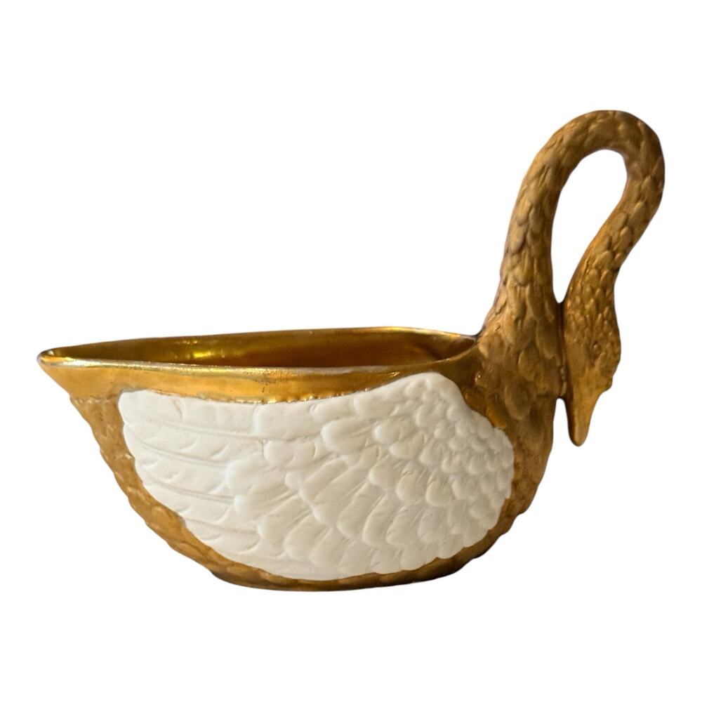 Antique Carl Thieme Dresden Porcelain Swan Trinket Dish Gold Gilt Bisque 5”